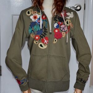 Rare Vintage Y2K Lucky Brand Olive Asian Peace Koi Fish Embroidered Boho Hoodie